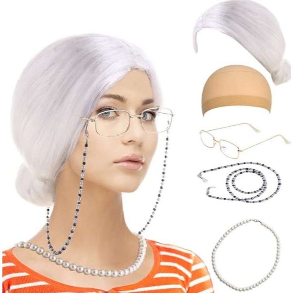 Feacole Old Lady Costume Set 5-Piece Grandma Wig, Glasses, Necklace, and Accesso